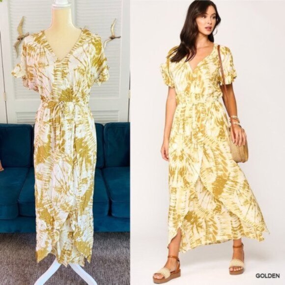 Gigio | Sunburst Golden Tie Dye Peek A Boo Slit Surplice Maxi Dress New 1X Plus - Picture 3 of 11
